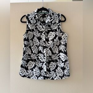 Talbots Black and White Leaf-Print Sleeveless Button-Down Shirt